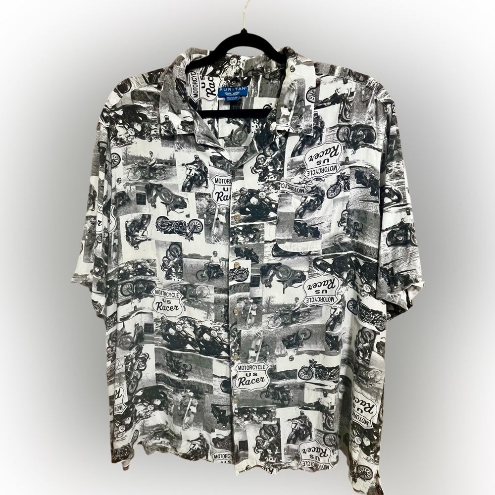 Puritan Retro Motorcycle US Racer Button Down Black Gray & white Shirt Size 3XL